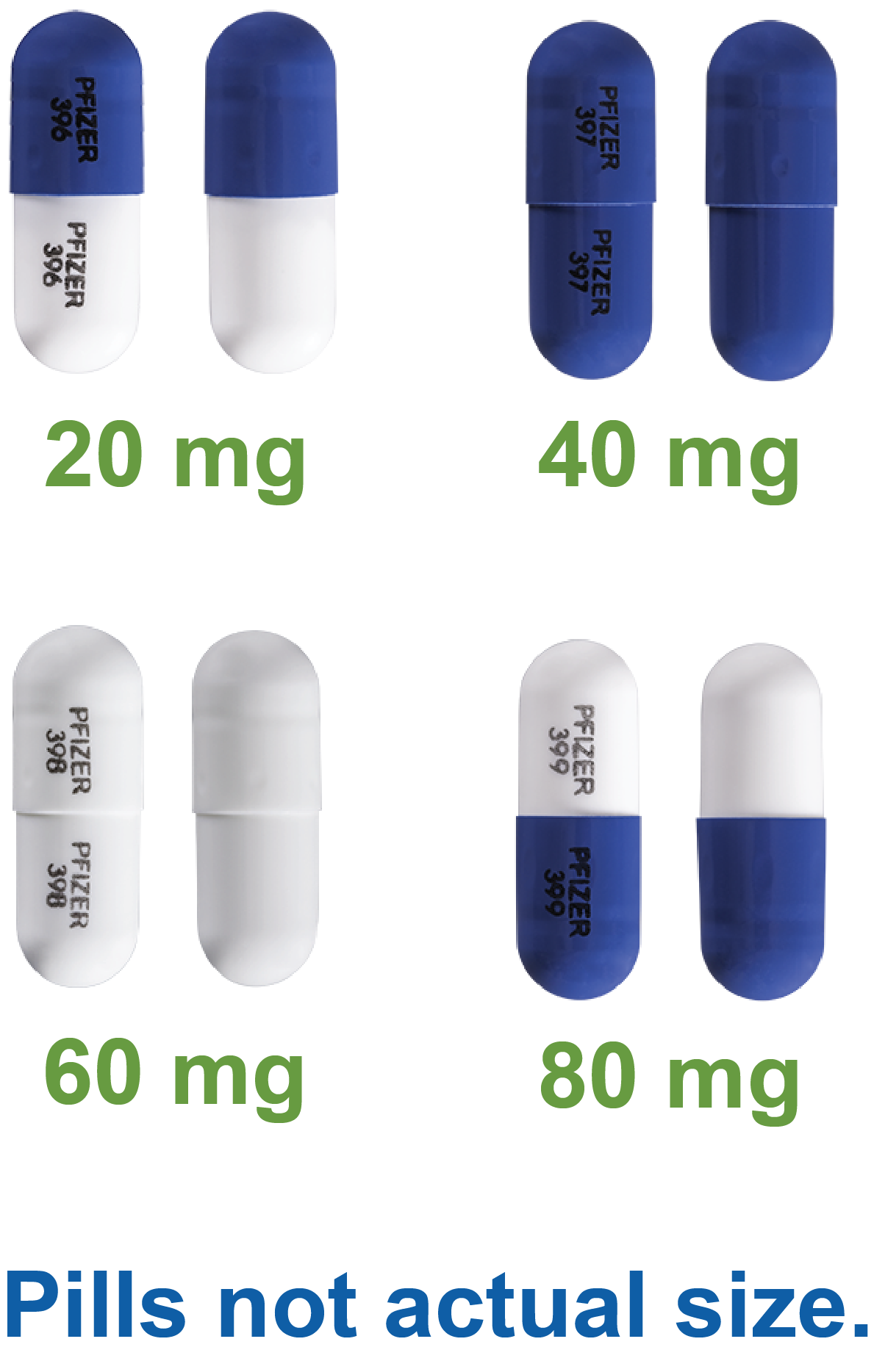 Images of 20 milligram, 40 milligram, 60 milligram and 80 milligram pills 